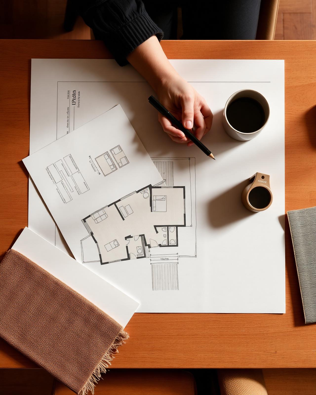 Floor plans and material samples at Studio Novan